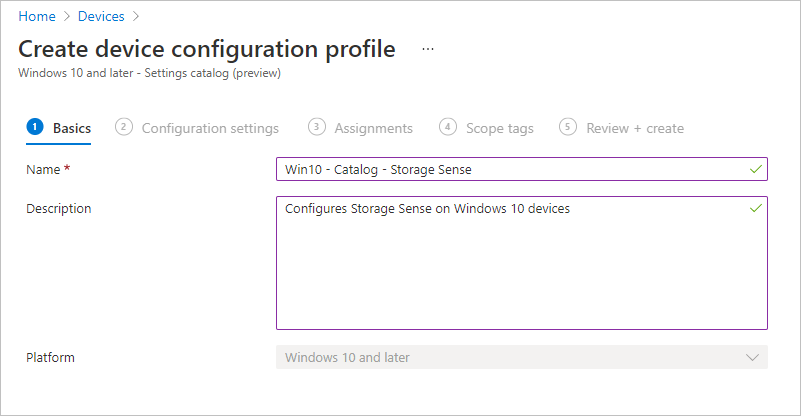 Creating Storage Sense configuration profile within Intune.